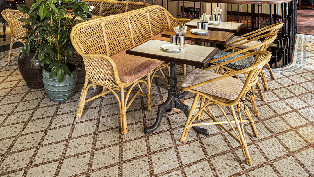 18mm round melange design for the floor of Dishoom resturant, Covent Garden.